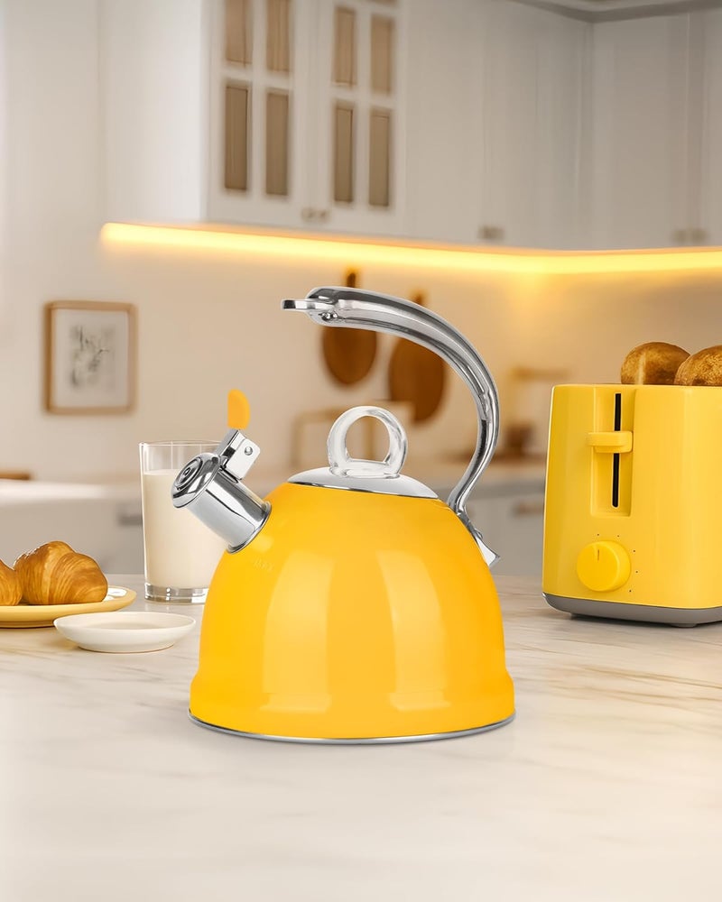 harriet Tea Kettle Stovetop, 2.5 QT Whistling Stainless Steel Teapot, 3-Layer Base, Unique Ergonomic Handle, Includes Pot Holder & Mat, Electric/Induction/Gas Stovetops Applicable, Yellow - Image 3